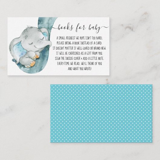 赤ちゃんシャワーのリクエストかわいい象の男の子の本 エンクロージャーカード (正面/裏面)