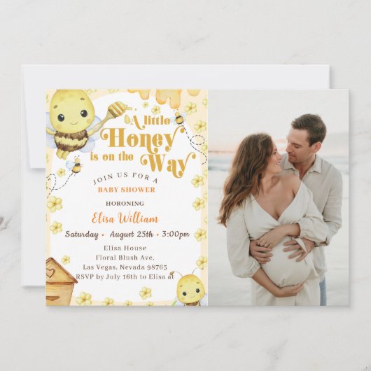 赤ちゃんシャワーの写真が途中にある小さな蜂蜜 招待状 (正面)
