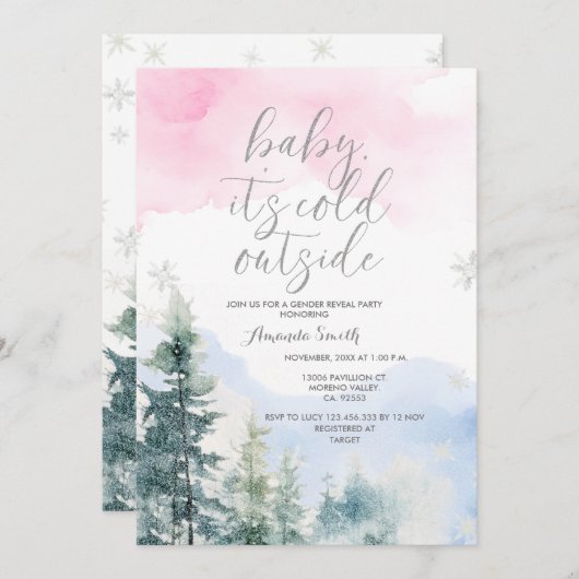赤ちゃんシャワーの外で雪片を明らかにする 招待状 (正面/裏面)