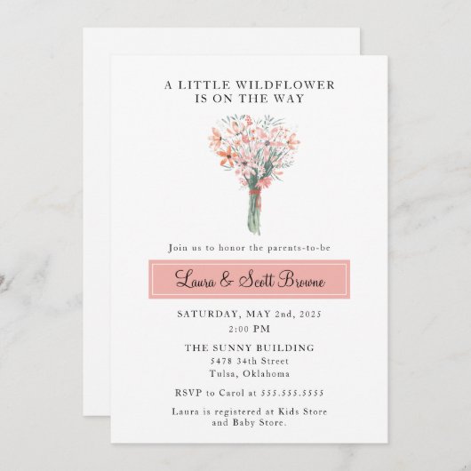 赤ちゃんシャワーの招待にワイルドフラワーを行く 招待状 (正面/裏面)