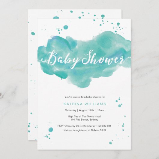 赤ちゃんシャワーの招待状 | アクアウォーターの色のスプラッシュ 招待状 (正面/裏面)