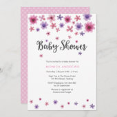 赤ちゃんシャワーの招待状 |ピンクの水彩花模様 招待状 (正面/裏面)