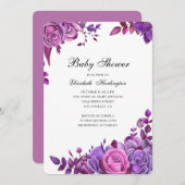 赤ちゃんシャワーの招待状。紫とピンクの花 招待状 (正面/裏面)