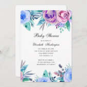 赤ちゃんシャワーの招待状。紫青の花 招待状 (正面/裏面)