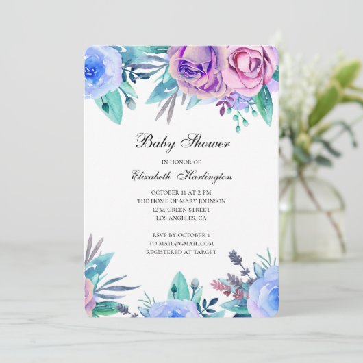 赤ちゃんシャワーの招待状。紫青の花 招待状 (スタンド正面)