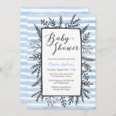 赤ちゃんシャワーの招待状 | 青いストライプ花模様 招待状 (正面/裏面)
