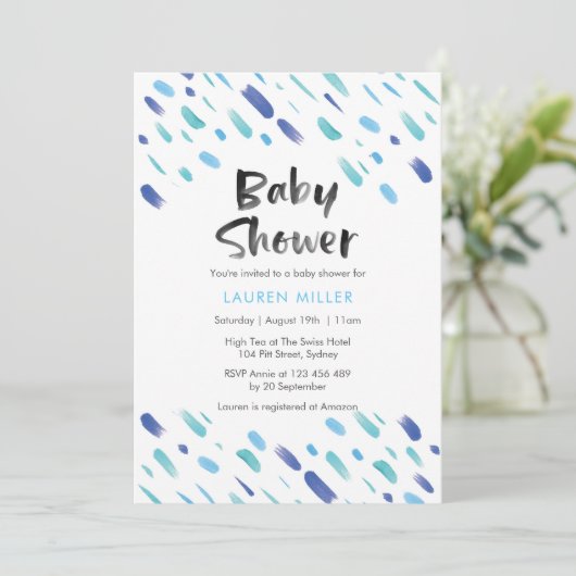 赤ちゃんシャワーの招待状 |青い抽象芸術絵を描 招待状 (スタンド正面)