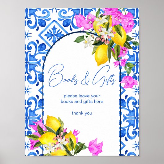 赤ちゃんシャワーの本とギフトのサイン青いタイルレモン ポスター (正面)