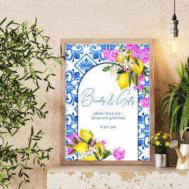 赤ちゃんシャワーの本とギフトのサイン青いタイルレモン ポスター