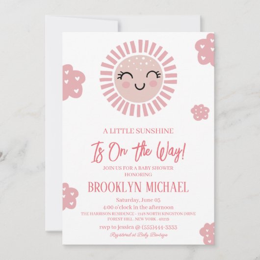 赤ちゃんシャワーの途中でピンクの少し太陽の光 招待状 (正面)