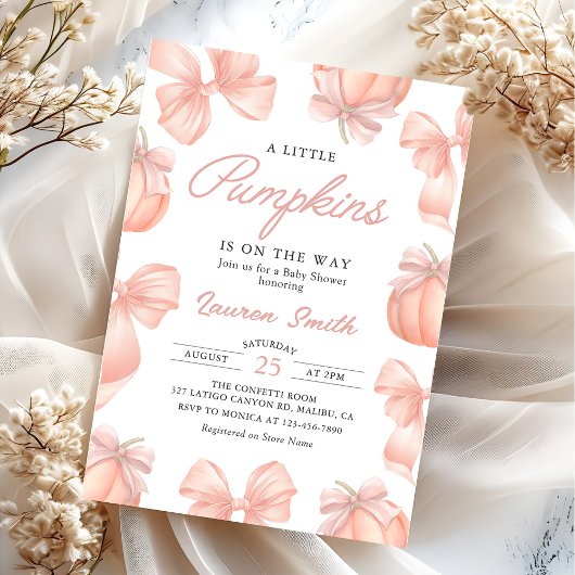 赤ちゃんシャワーの途中でピンクの弓リトルカボチャ 招待状