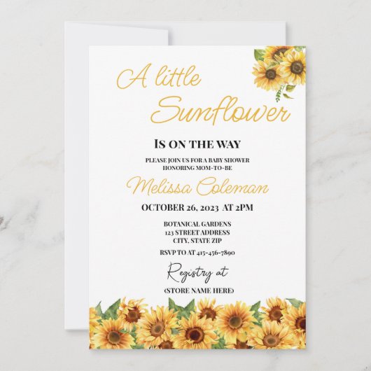 赤ちゃんシャワーの途中に小さなひまわりがある 招待状 (正面)