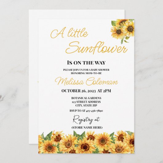 赤ちゃんシャワーの途中に小さなひまわりがある 招待状 (正面/裏面)