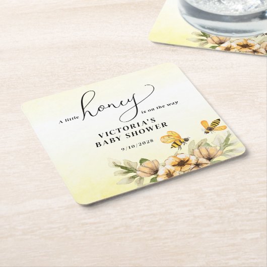 赤ちゃんシャワーの途中に小さなミツバチがいる スクエアペーパーコースター (アングル)