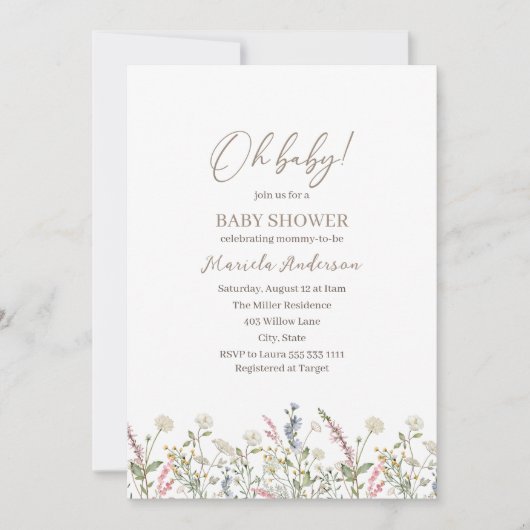 赤ちゃんシャワーの途中に小さな野花が来ている 招待状 (正面)
