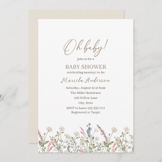赤ちゃんシャワーの途中に小さな野花が来ている 招待状 (正面/裏面)