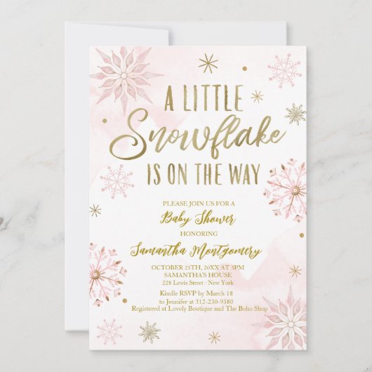赤ちゃんシャワーの途中に少し雪の結晶がある 招待状 (正面)