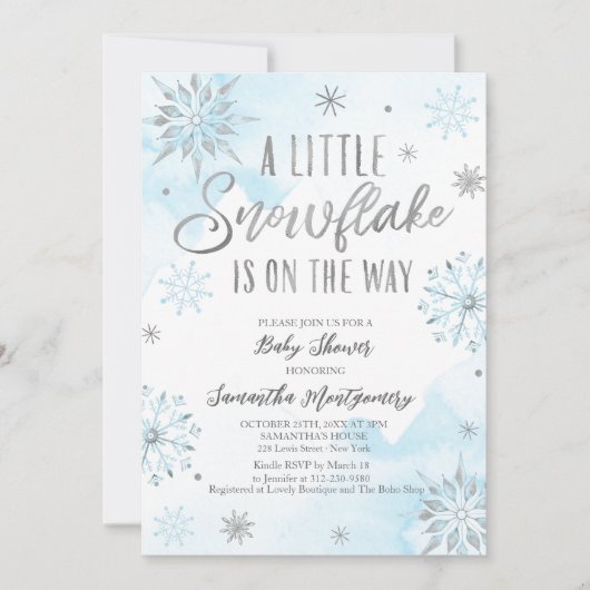 赤ちゃんシャワーの途中に少し雪の結晶がある 招待状 (正面)