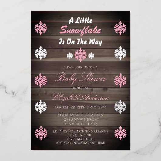 赤ちゃんシャワーの途中に少し雪の結晶がある 箔招待状 (正面)