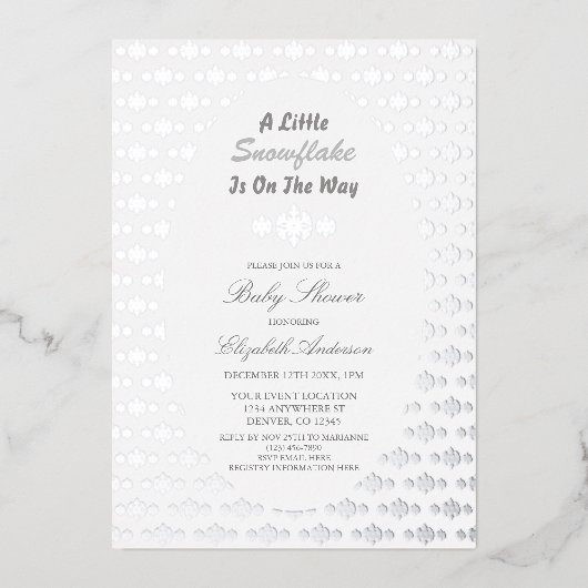 赤ちゃんシャワーの途中に少し雪の結晶がある 箔招待状 (正面)
