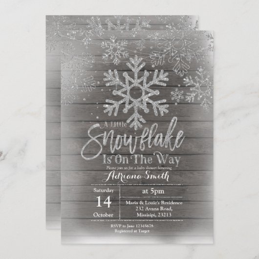 赤ちゃんシャワーの途中に木のスノーフレークがある 招待状 (正面/裏面)