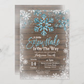 赤ちゃんシャワーの途中に青い雪の結晶 招待状 (正面/裏面)