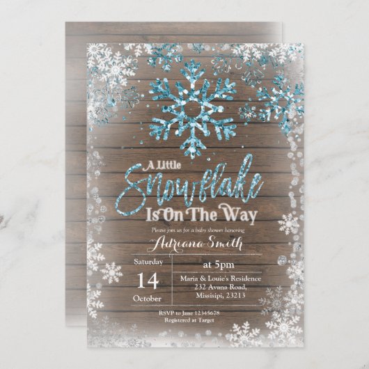 赤ちゃんシャワーの途中に青い雪の結晶 招待状 (正面/裏面)