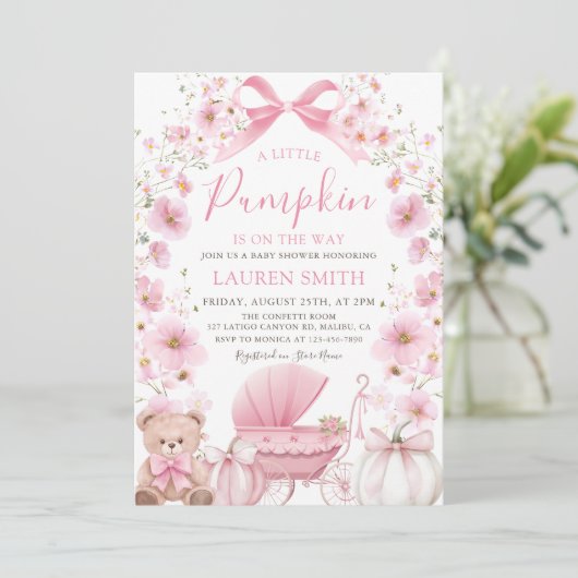赤ちゃんシャワーの途中のピンクの小さなかぼちゃ 招待状 (スタンド正面)