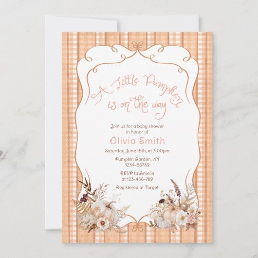 赤ちゃんシャワーの途中の小さなかぼちゃ 招待状 (正面)