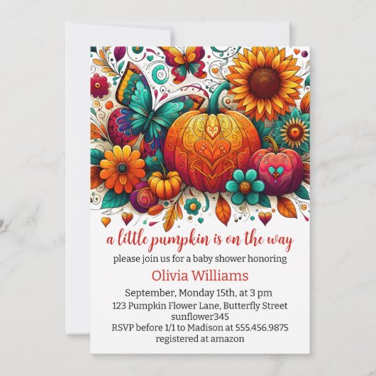 赤ちゃんシャワーの途中の小さなカボチャ 招待状 (正面)