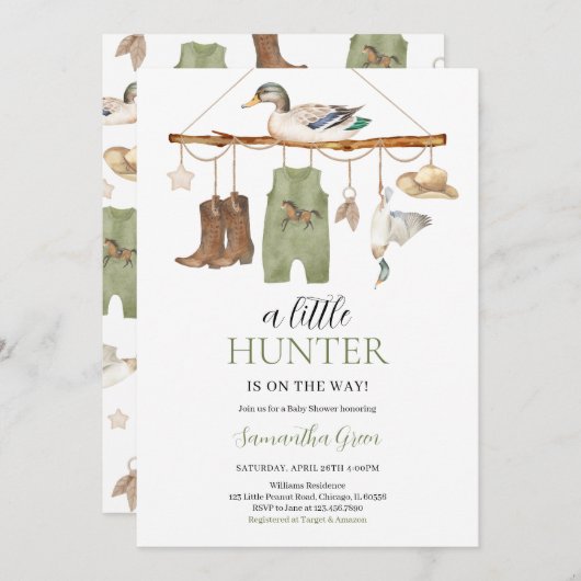 赤ちゃんシャワーの途中の小さなハンター 招待状 (正面/裏面)