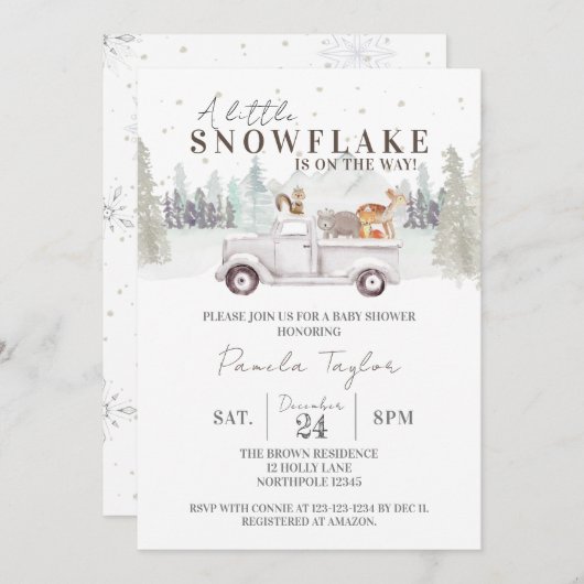 赤ちゃんシャワーの途中の小さな雪の結晶 招待状 (正面/裏面)