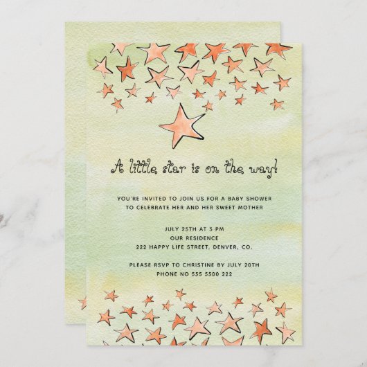 赤ちゃんシャワーの途中の水の色の小さな星 招待状 (正面/裏面)
