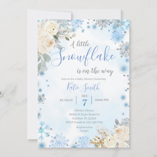 赤ちゃんシャワーの途中の青い雪の結晶 招待状 (正面)