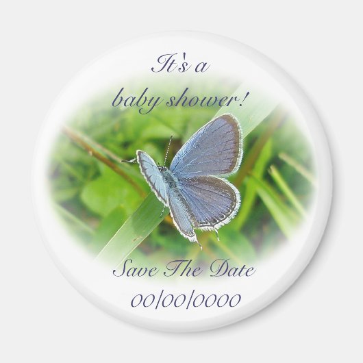 赤ちゃんシャワーの青い蝶が日付の磁石を節約 マグネット (正面)