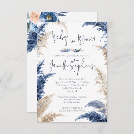 赤ちゃんシャワーの青とタンの葉ベビー開花 招待状 (正面/裏面)