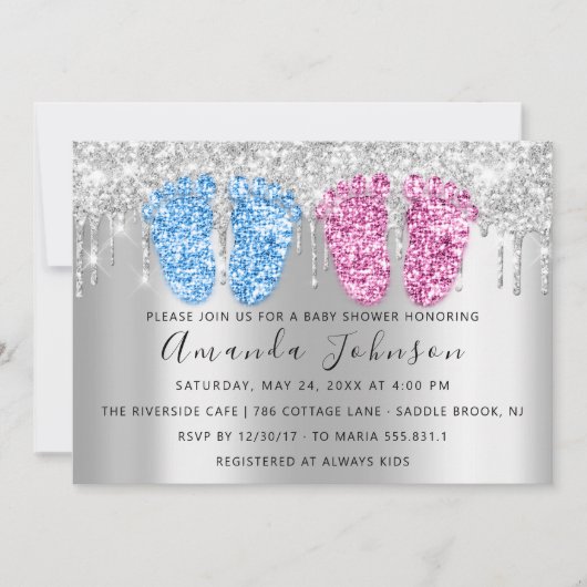 赤ちゃんシャワーはシルバーフェッツ双子ボーイガールブルー 招待状 (正面)