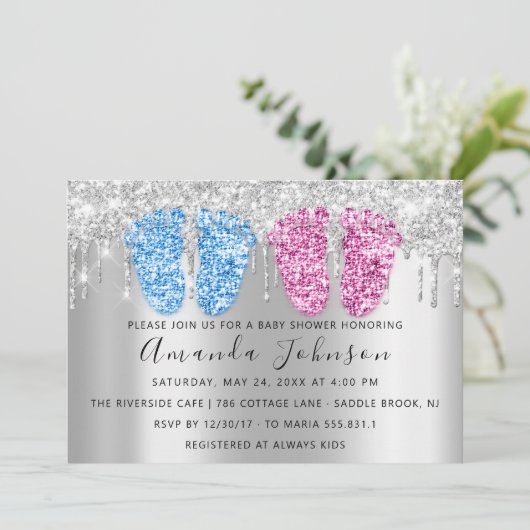 赤ちゃんシャワーはシルバーフェッツ双子ボーイガールブルー 招待状 (スタンド正面)