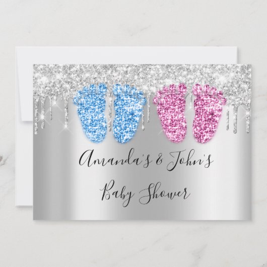 赤ちゃんシャワーはシルバーフェッツ双子ボーイガールブルー 招待状 (裏面)