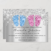 赤ちゃんシャワーはシルバーフェッツ双子ボーイガールブルー 招待状 (正面/裏面)