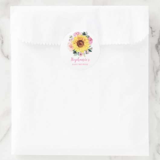 赤ちゃんシャワーひまわりピンクパーソナライズされたフローラ ラウンドシール (バッグ)