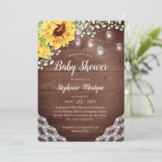 赤ちゃんシャワーひまわりレースのメイソンジャイルライト 招待状 (スタンド正面)