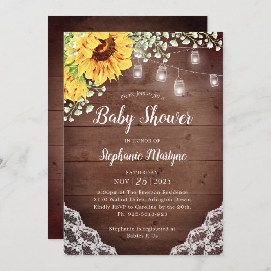 赤ちゃんシャワーひまわりレースのメイソンジャイルライト 招待状 (正面/裏面)