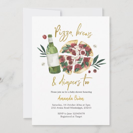 赤ちゃんシャワーへの招待にピザ、パン、おむつ 招待状 (正面)
