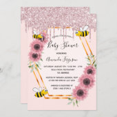 赤ちゃんシャワーほこりっぽいバラ金ゴールドグリッターママbee 招待状 (正面/裏面)