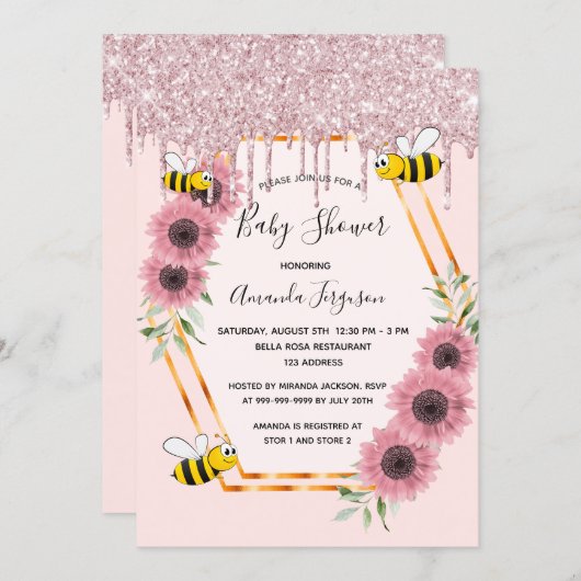 赤ちゃんシャワーほこりっぽいバラ金ゴールドグリッターママbee 招待状 (正面/裏面)