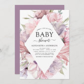 赤ちゃんシャワーほこりっぽいピンクパープル 招待状 (正面/裏面)
