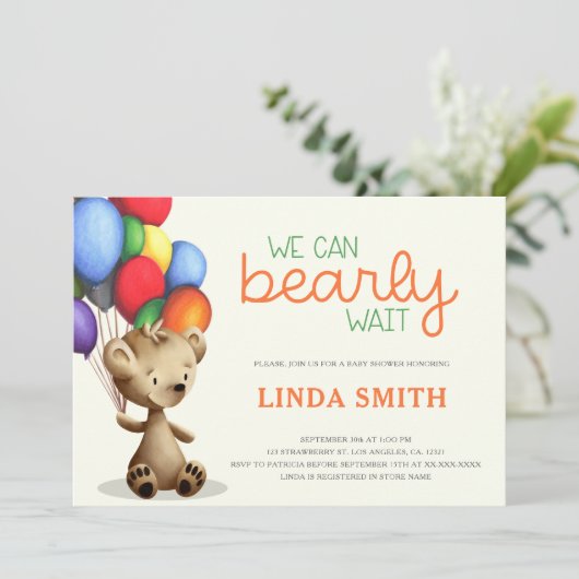 赤ちゃんシャワーを待つことができるテディベア風船 招待状 (スタンド正面)