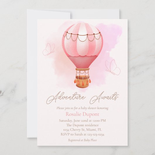 赤ちゃんシャワーを待つピンクの熱気球アドベンチャー 招待状