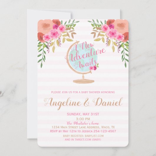 赤ちゃんシャワーを待つ新しい冒険招待状 招待状 (正面)